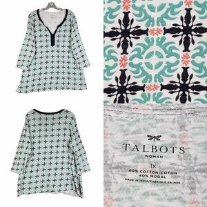 Talbots Tunic Top Women’s Plus Size 1X Teal Blue Geometric Long Sleeve